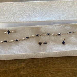 10K White Gold Blue Sapphire Jewelry Set - Necklace, Ring, Pendant, Earrings